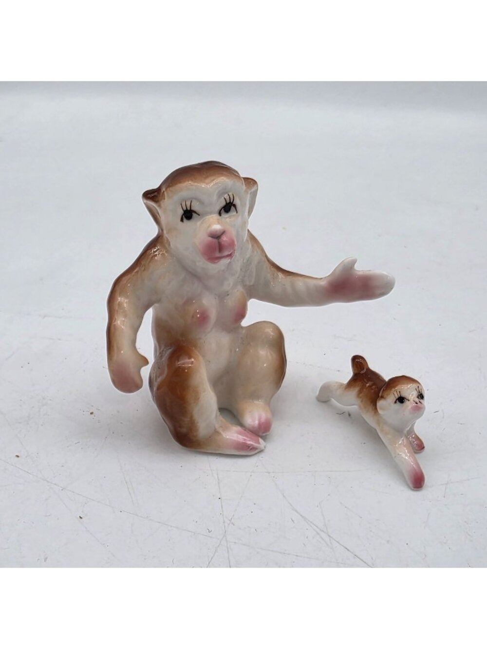 Mini Porcelain Figure Mother & Baby Brown & White Monkey